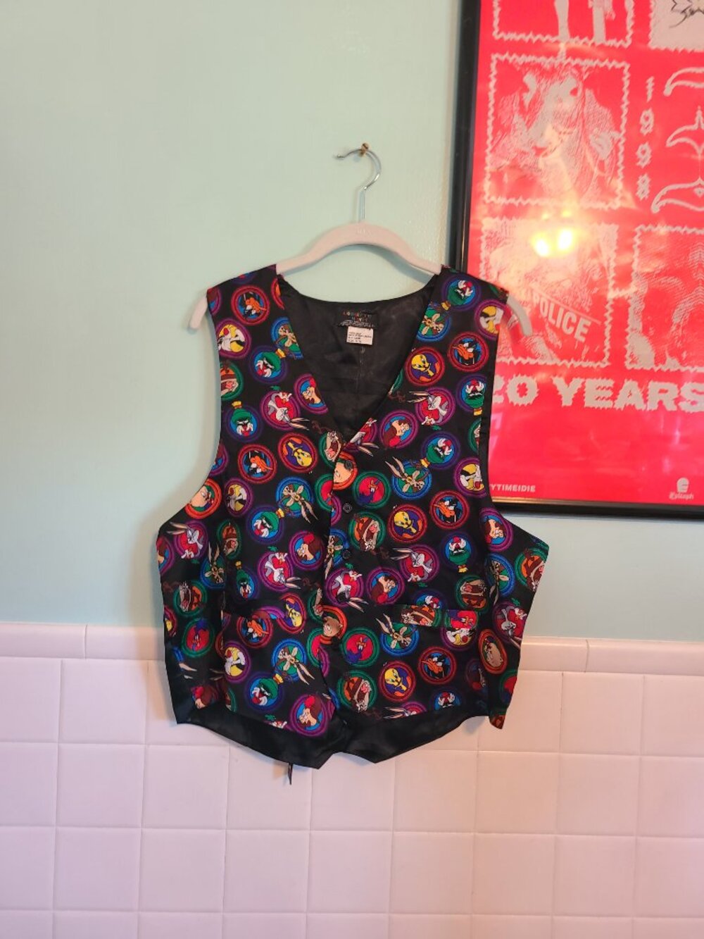 Vintage 90s Looney Tunes Black Vest 100% Silk Unisex Size Small - Picture 9 of 9